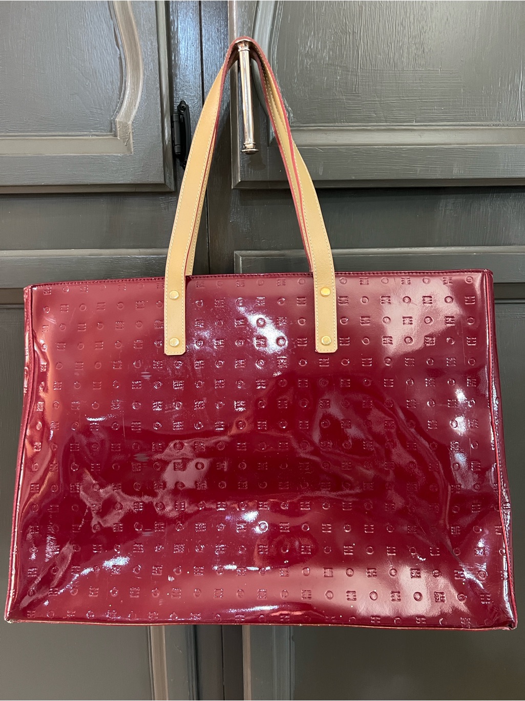 Arcadia Burgundy Patent Leather Xl Tote With Tan Handles - Made In Italy